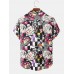 Mens Color Block Contrast Graffiti Lapel Short Sleeve Shirt