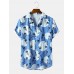 Mens Flower Print Stripe Revere Collar Short Sleeve Shirt