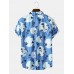 Mens Flower Print Stripe Revere Collar Short Sleeve Shirt
