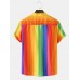 Mens Colorful Striped Revere Collar Pocket Street Short Sleeve Shirts