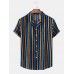 Mens Vertical Striped Holiday Revere Collar Cotton Short Sleeve Shirts