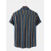 Mens Vertical Striped Holiday Revere Collar Cotton Short Sleeve Shirts