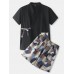 Mens Geometric Print V-Neck Top Elastic Waist Pocket Japanese Style Sauna Suit Home Pajamas