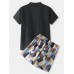 Mens Geometric Print V-Neck Top Elastic Waist Pocket Japanese Style Sauna Suit Home Pajamas