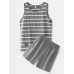 Mens Striped Cotton Sleeveless Tank Loose Shorts Casual Loungewear Thin Pajamas Sets