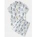 Mens Mushroom Print Thin Lapel Short Sleeve Loose Holiday Beach Loungewear Pajamas Sets