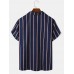Mens Vertical Striped Revere Collar Button Up Short Sleeve Shirts