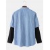 Mens Striped Leaves Print Patchwork Double Pockets Shacet Faux Twinset Shirt
