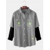 Mens Striped Leaves Print Patchwork Double Pockets Shacet Faux Twinset Shirt