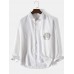 Mens Solid Color Cartoon Cat Pocket Lapel Cotton Long Sleeve Shirt