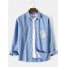 Mens Solid Color Cartoon Cat Pocket Lapel Cotton Long Sleeve Shirt