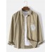 Mens Solid Color Cartoon Cat Pocket Lapel Cotton Long Sleeve Shirt
