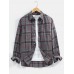 Mens Plaid Print Double Pockets Cotton Long Sleeve Lapel Casual Shirt