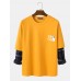 Mens Slogan Print Faux Twinset Plaid Patchwork Long Sleeve T-Shirt