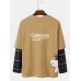 Mens Slogan Print Faux Twinset Plaid Patchwork Long Sleeve T-Shirt