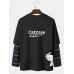 Mens Slogan Print Faux Twinset Plaid Patchwork Long Sleeve T-Shirt