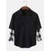 Mens Solid Color Patchwork Plaid Faux Twinset Long Sleeve Shirts With Pocket