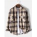 Mens Plaid Print Double Pockets Cotton Lapel Long Sleeve Casual Shirt