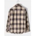 Mens Plaid Print Double Pockets Cotton Lapel Long Sleeve Casual Shirt