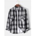 Mens Plaid Print Double Pockets Cotton Lapel Long Sleeve Casual Shirt