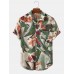 Mens Holiday Floral Plants Print Lapel Casual Short Sleeve Shirts