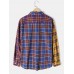 Mens Plaid Patchwork Button Up Lapel Casual Long Sleeve Shirts