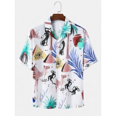 Mens Cartoon Animal Print Revere Collar Short Sleeve Shirt