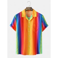 Mens Colorful Striped Revere Collar Pocket Street Short Sleeve Shirts