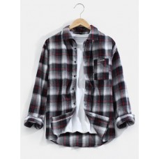 Mens Plaid Chest Pocket Long Sleeve Curved Hem Casual Shirts