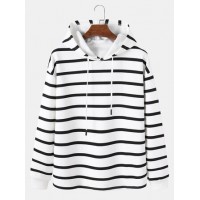 Mens Contrast Horizontal Striped Plain Drawstring Overhead Hoodies