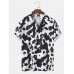 Mens Cow Pattern Print Revere Collar Short Sleeve Casual Shirts